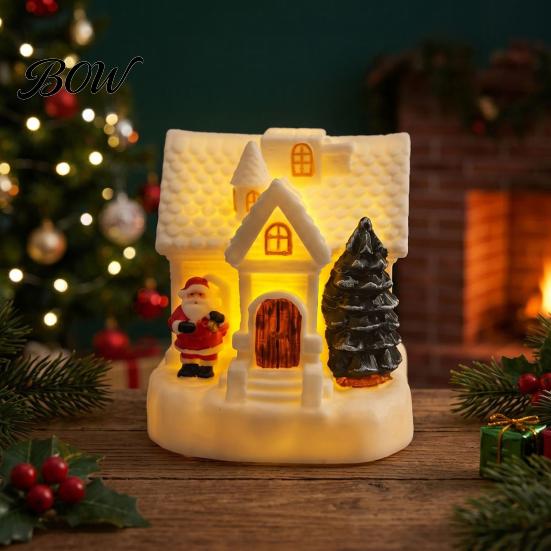 Snowy Cottage Figurine LED Lighted Christmas Village House Statue, Light Up Small Figurines with Santa Claus Relief Statue Xmas Tree Claus,
