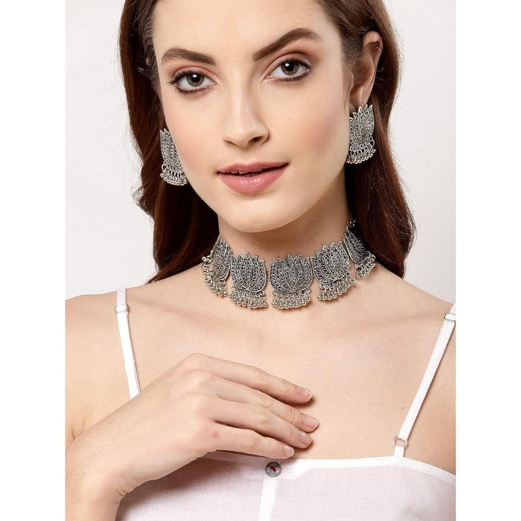 Shining Diva Fashion Latest Stylish Fancy Oxidised Silver Tribal Choker Necklace Jewellery Set for Women