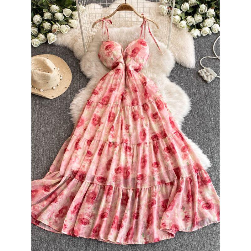Sexy Cutout V-neck Strap Dress Women's Summer Vacation Wear Tight Waist Slimming Flounce Floral Chiffon Skirt