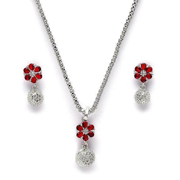 Rhodium-Plated Silver Toned Green Cubic Zirconia Studded Floral Shaped Cute Pendant with Earrings Jewellery Set for Girls and Women