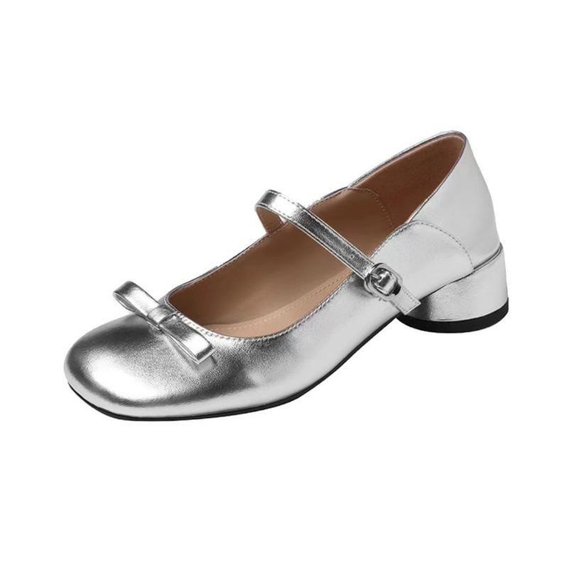 Sheepskin French Bow Leather Shoes Light Mouth Mary Jane Shoes Women's Round Head Silver Thick Heel Single Shoes Jk Small Leather Shoes