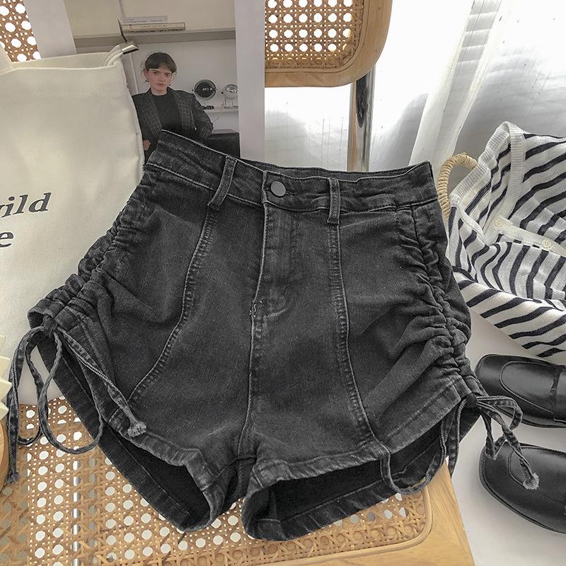 Comfortable Skinny Fashionable and Versatile Drawstring Tie Denim Shorts Female Summer Straight High Waist Elastic Slim A-line Wide Leg Pants