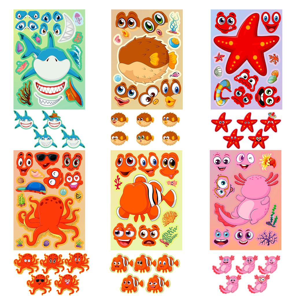 6 Photos/pack of Cute Marine Creatures Repeatable Puzzle Stickers Waterproof Stickers