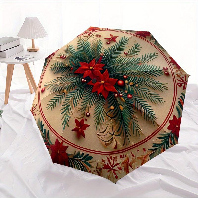 Christmas Poinsettia & Pine Branches PlateUmbrella, Portable 3-Fold Compact Umbrella,Christmas Gift ES583