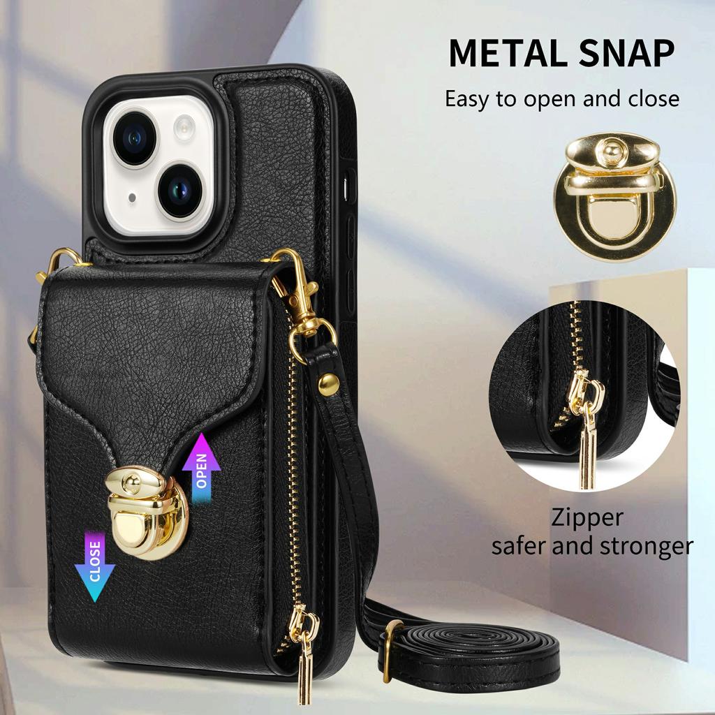 For iPhone 15 Card Slot Phone Case PU Leather Coated TPU Zipper Pocket Kickstand Cover with Shoulder Strap