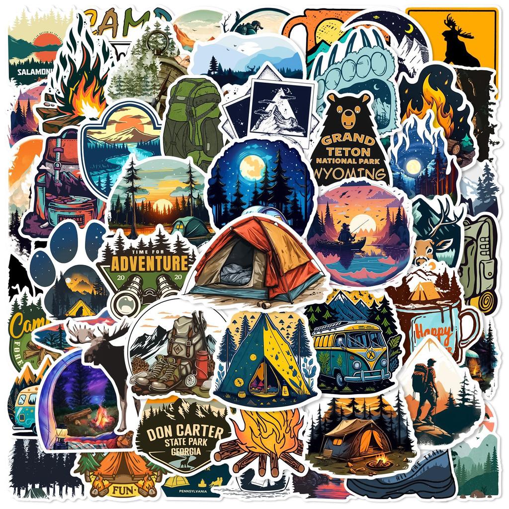 Non-Toxic 50Pcs Waterproof Outdoor Stickers Set For Luggage Bike Car Forest Camping Hiking Travel Scenery Decals Graffiti Sticker Toys