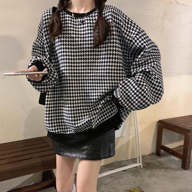 New Fall/Winter Flannelette And Thick Long Sleeved Thermal Sweater For Schoolgirl Plaid Mid-Length Round Neck Blouse