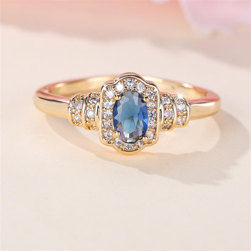 Aliança de Casamento Oval Pequena de Pedra Azul Royal Cor Ouro Antigo Zircônia Vintage Empilhável Anéis de Noivado para Mulheres Joias CZ