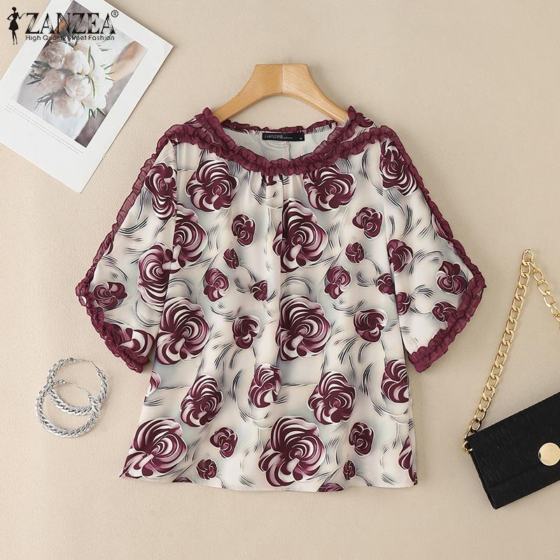 ZANZEA Women Casual Round Neck Short Sleeve Loose Floral Blouse