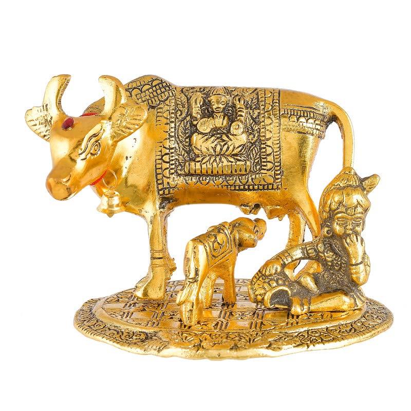 Krishna Kamdhenu Cow With Calf & Krishna Brass Like Metal Showpiece, Gold Idol