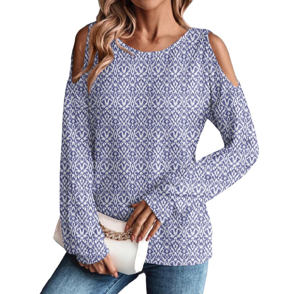 Damen Winter Oversized T-Shirt Modisch Schulterfrei Rundhals Vintage Blumendruck Pullover Langarm Oberteil