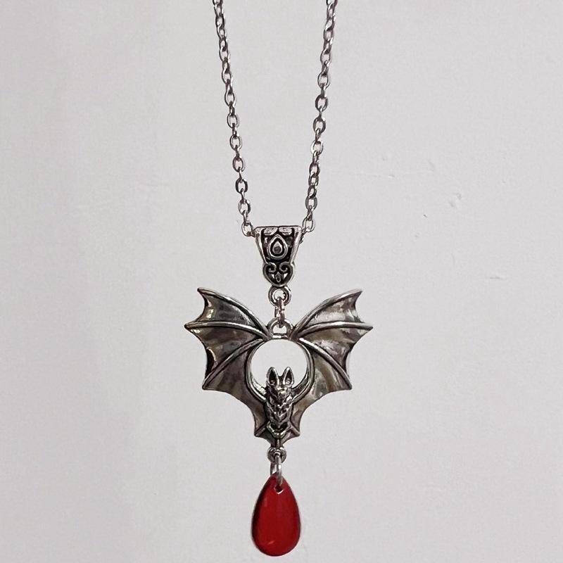 Victorian Gothic Bat Wing Necklace with Red Gem for Halloween