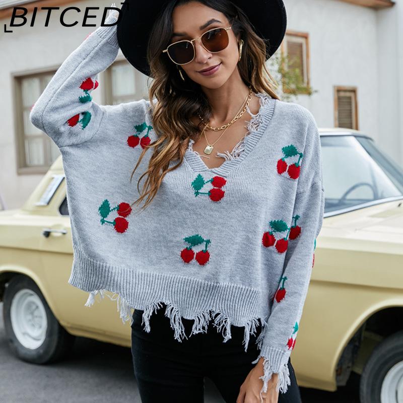 BITCED Women's Oversized Cropped V-Neck Sweater Women's Knit Sweater with Fringe for Fall/Winter