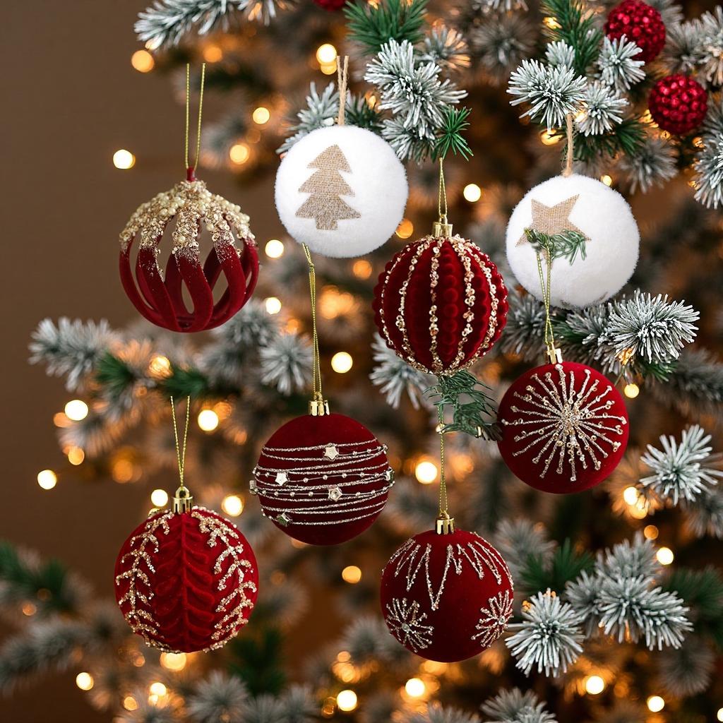 4pcs Christmas Balls, 8CM Wine Red Flocked Christmas Balls, Hanging Balls, Glitter Plastic Balls, Christmas Tree Ornaments