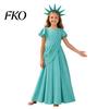 Vestito Accappatoio Azzurro Cielo Statua della Libertà per Bambini Adulti, Costume di Halloween Romano Donna Ragazza con Tiara e Torcia, Patriottico 4 Luglio