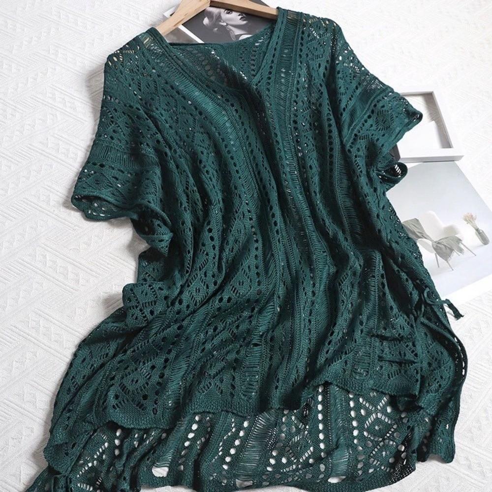 Oversized Knitted Bikini Cover Up V-neck Beach Wear Hollow Out Swimsuit Cover Up  Streetwear