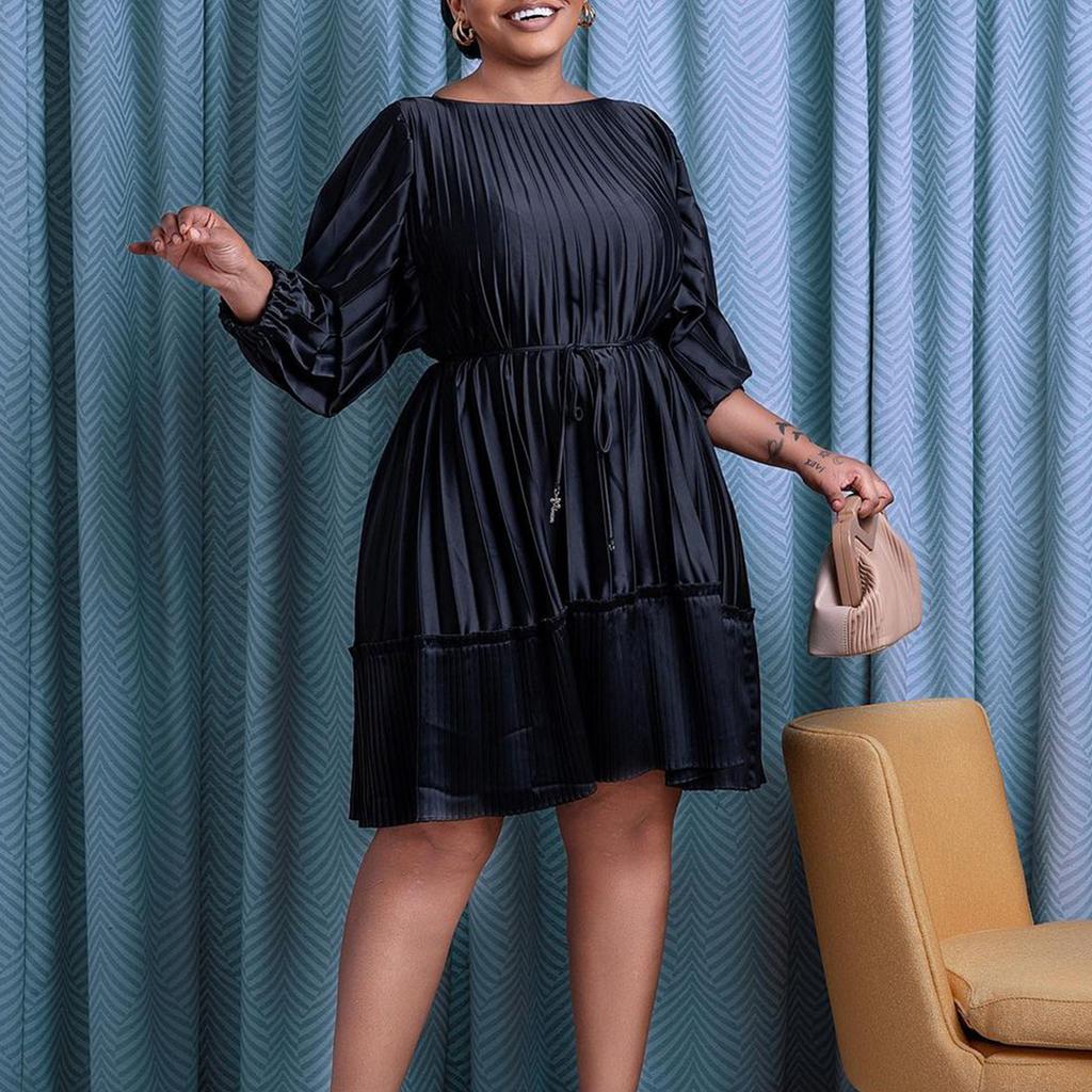 Large Size Women Summer Fashion Solid Pleated Bandage Dress Ladies One  Piece Long Sleeves Short Dress Buy cheaply on Joom