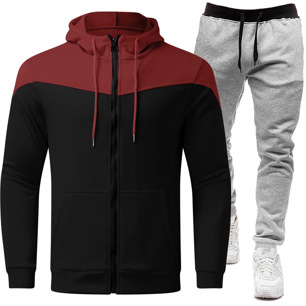Cross Border Contrasting Sweatshirt Jacket+zipper Cardigan Hooded Men's Suit Casual Fashion Men's Long Sleeved Sports