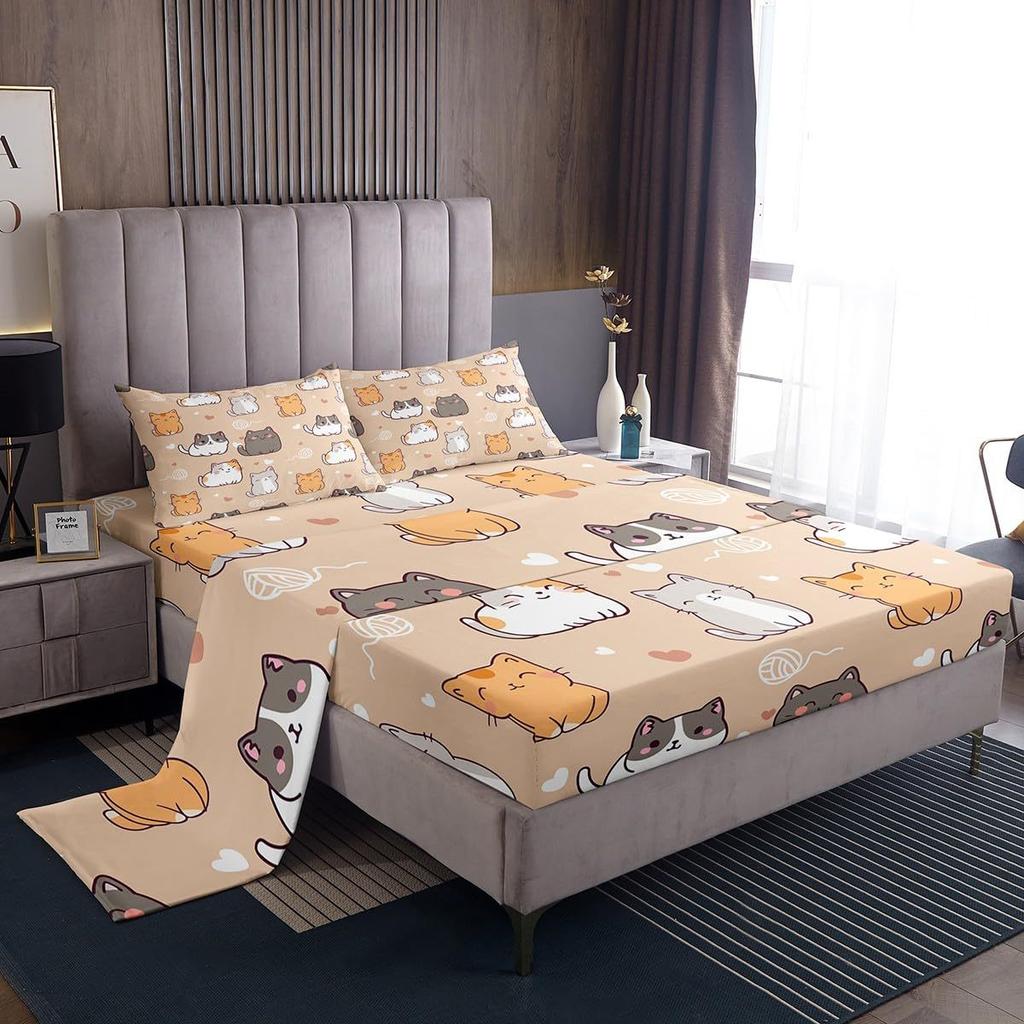 Cute Cartoon Cat Pattern Bed Hat Four-Piece Bedding Set Bedroom Dormitory Bedding Decoration