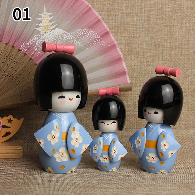 3Pcs/Set Japanese Geisha Kimono Figurine Asian Kokeshi Girl Statue Figure Toy Wooden Traditional Oriental Decor Ornaments