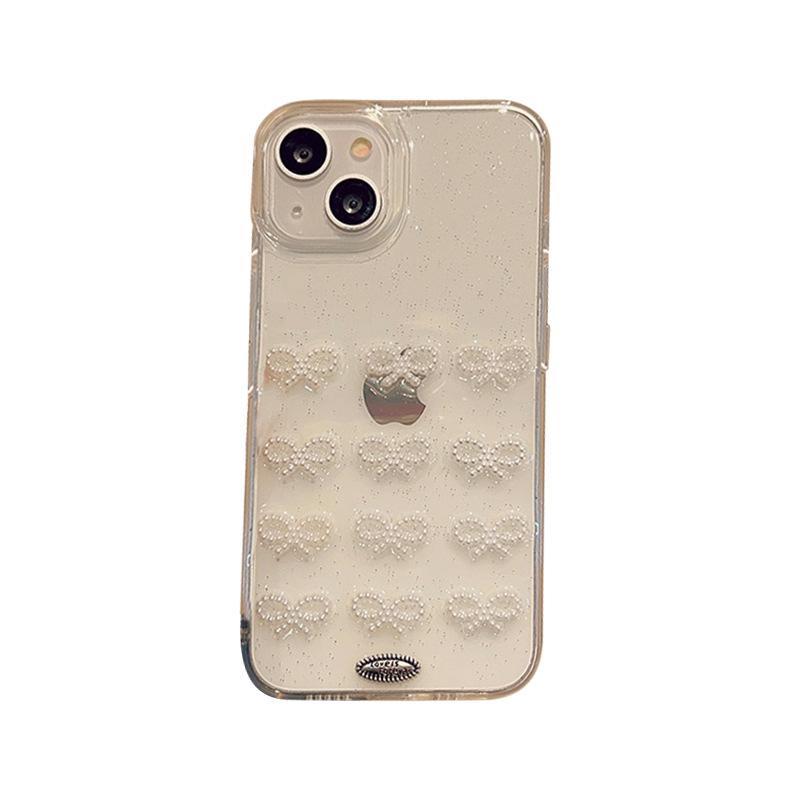 Wind Pearl Bow Mobile Phone Case Is Suitable For Iphone16Pro Transparent Silicone Soft Glitter Apple 17 Women'S Models