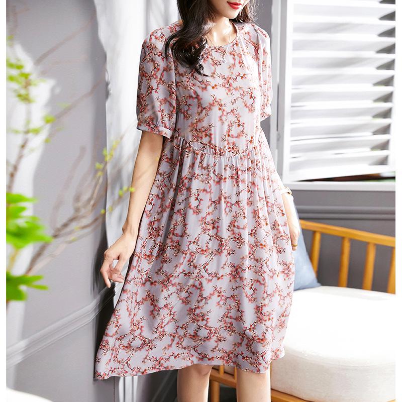 Robe Mi-longue en Soie Fleur de Prunier d'Été
