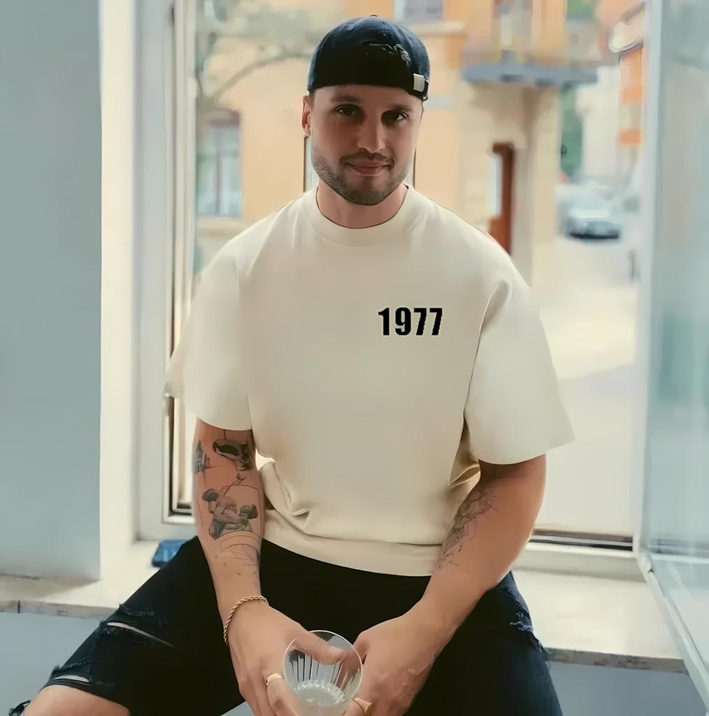 Summer Trendy Mens Retro 1977 Printed Comfortable Breathable Round Neck Tshirt Outdoor Street Style Top