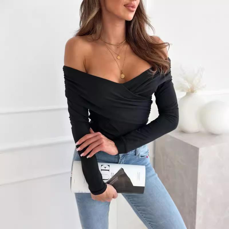 Tooxika 2024 Autumn And Winter New Women's Solid Color Tops Sexy Off-shoulder Slim Fit Long-sleeved T-shirt