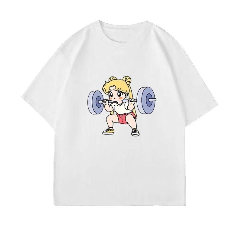 2026 Sailor Moon Levantando Hierro Fitness Hombres Mujeres Camiseta Algodón Chica Verano Holgada Linda Dulce Divertida Mangas Cortas Top Hip Hop Streetwear Camiseta Oversize