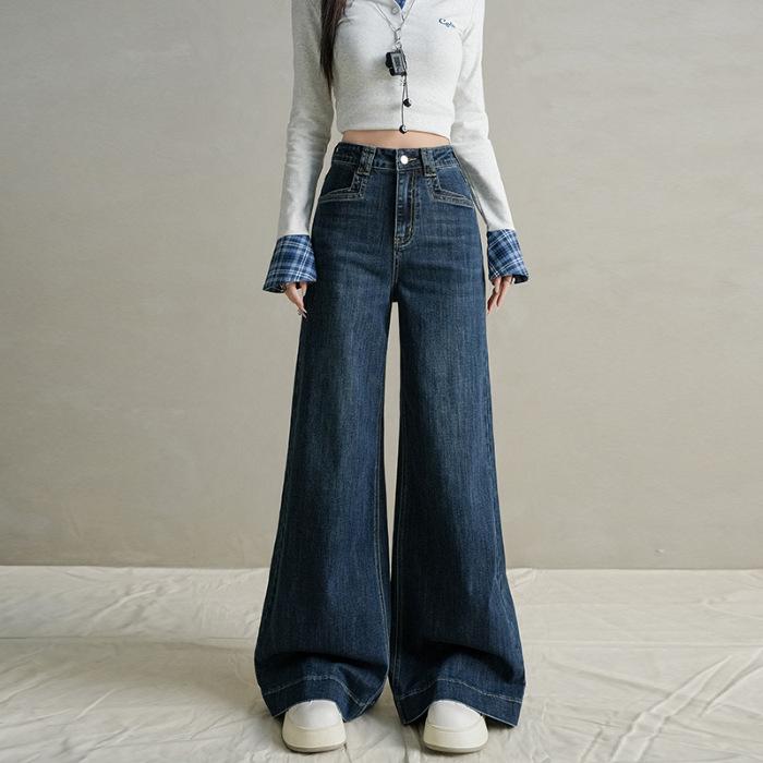 Retro Non-stick Leg Slightly Pulled Jeans Women's Autumn American High Waist Drape Niche Front Pocket Cover Hip Wide Leg Flared Pants