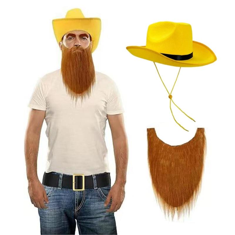 Cowboy Hat Yellow Trim Black Ribbon Band Western Hat Mustache Set Cowboy Cosplay Accessories For Men Halloween Role Play