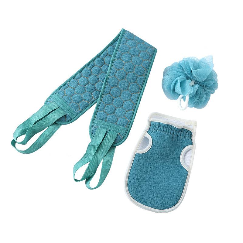 Bade-Rubbel-Badetuch-Badekugel-Dreierset Badestreifen Rückenzugstreifen Rückenrubbeltuch Bade-Rückenrubbelhandschuhe Badeblumenset