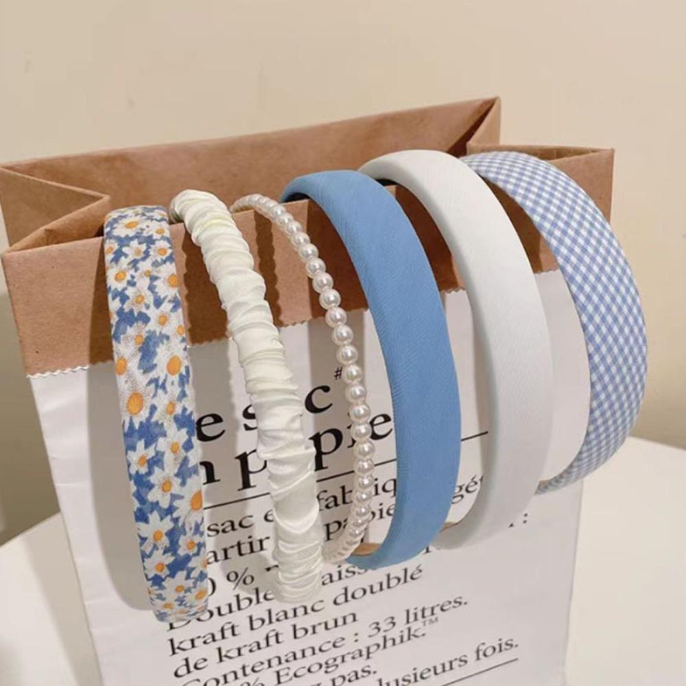 5/7Pcs Pleated Design Floral Plaid Hairband Sweet Cute Ladies Hair Accessories Use for Face Washing