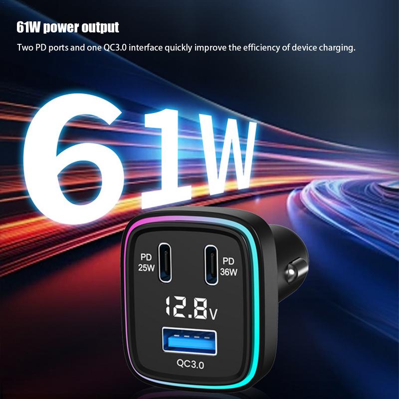 Eight-Color Colorful Ambient Light Charger 61W 3 Ports Fast Charging Phone Charger Auto USB C Adapter Electric Devices For Car