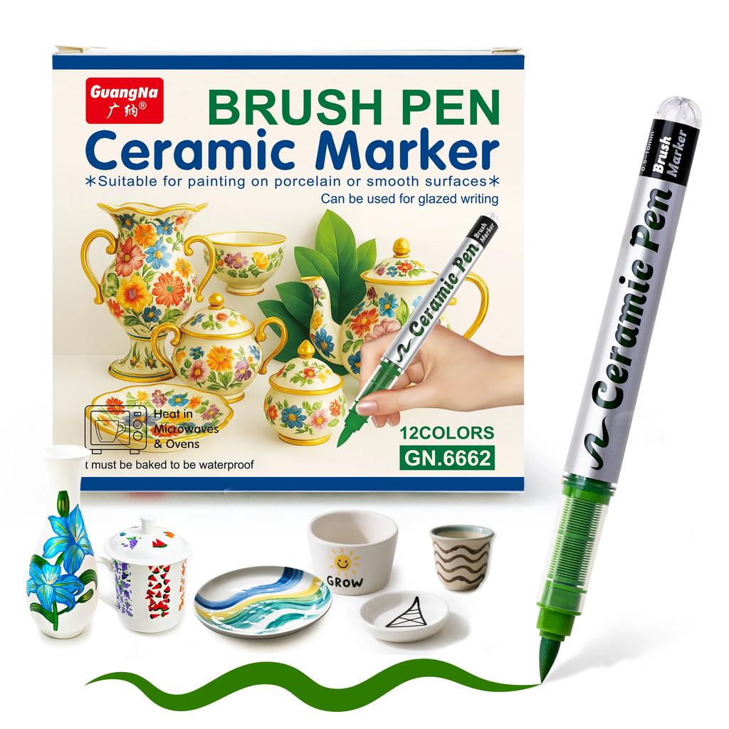 Permanent Marke Ceramics Pens 12 Colors Porcelain Paint Brush Pen for Both Glazed and Unglazed Christmas Decoration Wine Markers