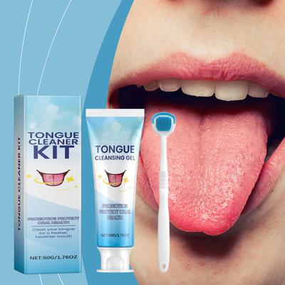 Kit per la pulizia del rivestimento linguale Pulizia del rivestimento linguale Residui di cibo Pulizia delicata Igiene orale (50g Gel Pulente+1 Spazzolino per Lingua)