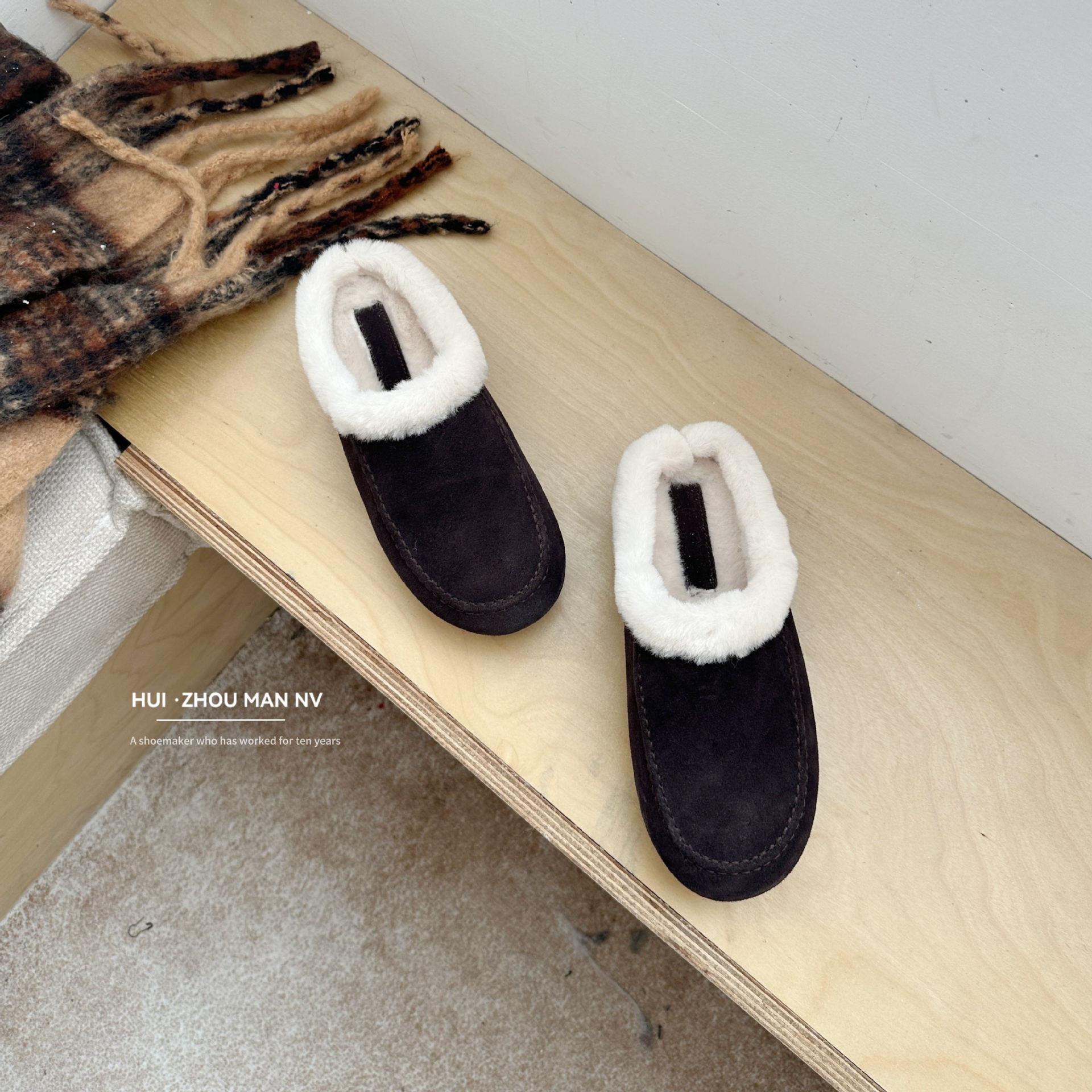 

2025 winter new warm Mao Mao pedal Boken half slippers retro leather bag head Muller shoes women s outer wear 40