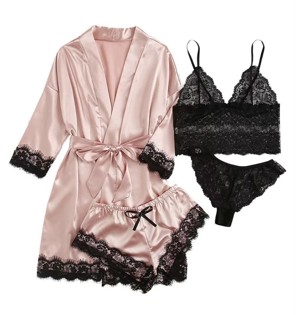 Women's Pajama Fashion 4-piece Set Lace Satin Strap Sexy Pajama Set Dress Skin Friendly Comfortable Casual Pajama Skirt