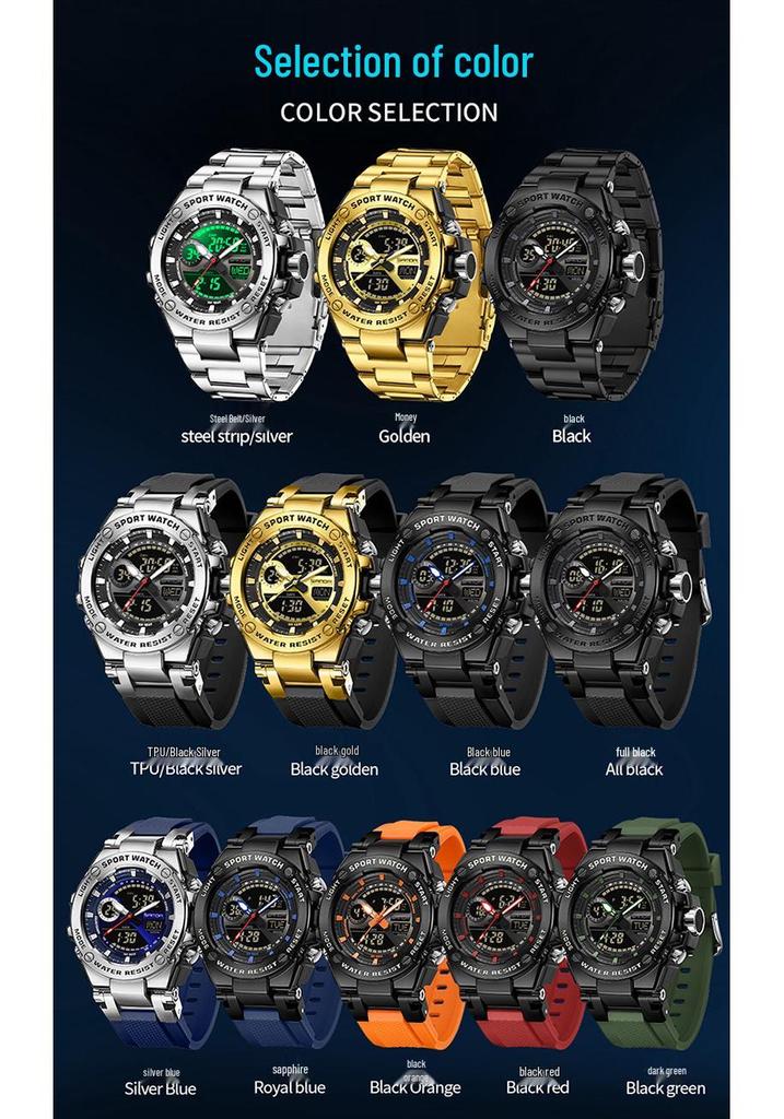 Sanda Dual-Display Leuchtende Wasserdichte Schüleruhr mit 3 Zeitzonen.