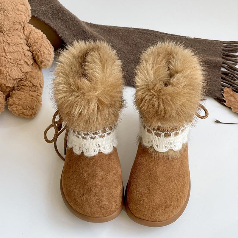 

Retro Plush Faux Fur Snow Boots for Women Velvet Warm Flat Bottom Winter Cotton Shoes Slip on Fashion Round Toe Sneaker Booties 35 коричневий