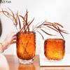 Ice Patterned Amber Glass Vase Plant Pots Table Decoration Flowers Arrangement Decorative Floral Vases Room Aesthetic Decor