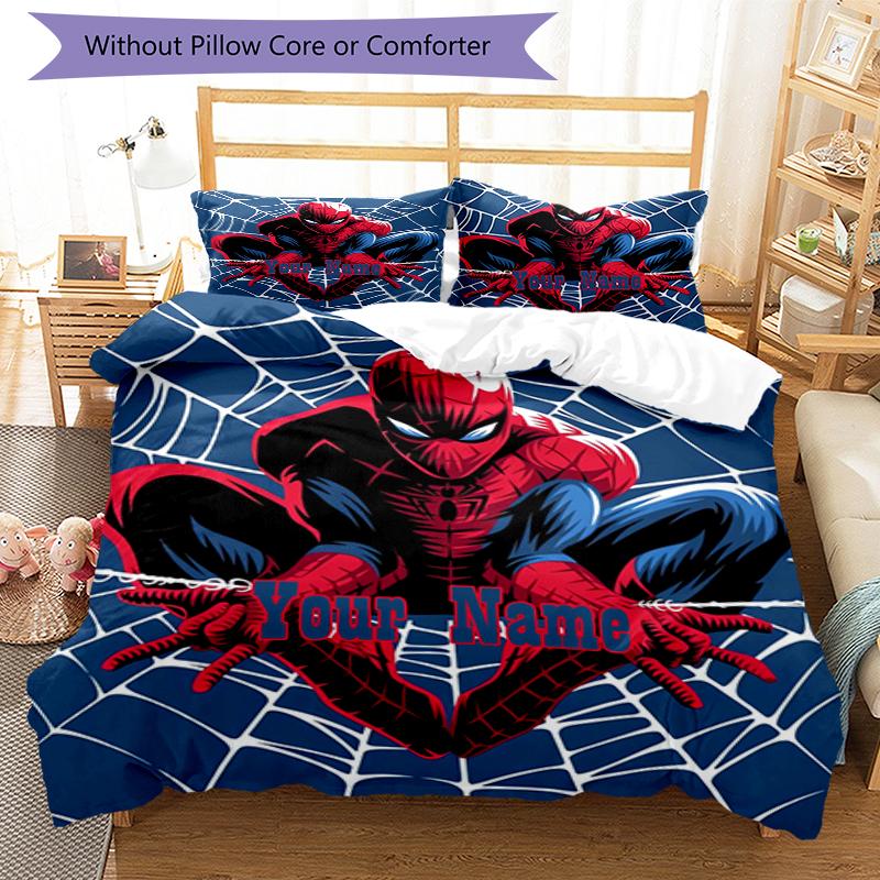 3pcs Custom Name Spider Man Bedding Set Duvet Cover Closure Includes 1 Duvet Cover & 2 Pillowcases, Soft and Comfortable for All Seasons.