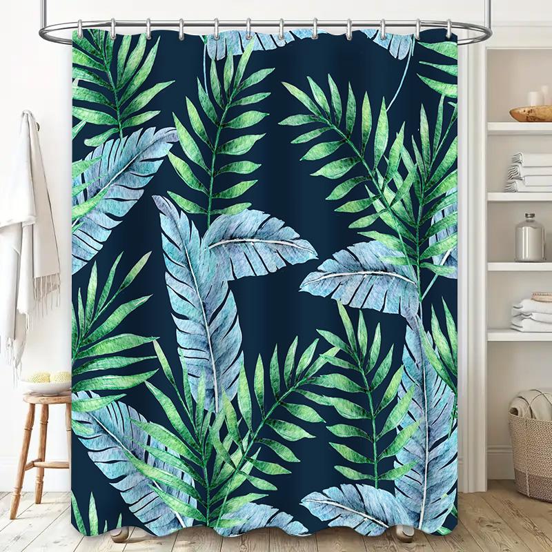 Watercolor Palm Tree Blue Shower Curtain Green Leaf Pattern Decorative Bath Rug for Home Decoration Modern Design Bathroom Acces