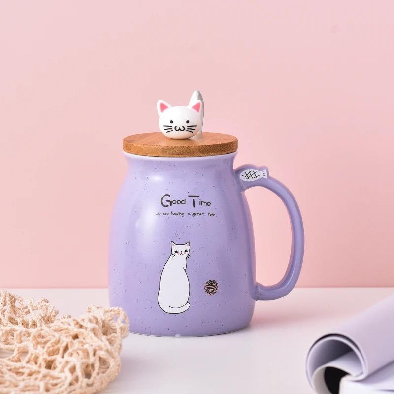 Cute Cartoon Cat Ceramic Mug with Lid and Spoon – Breakfast Coffee Cup
