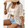 Elegant Women's Open Collar Contrast Lace Jacket - Lightweight Semi-Sheer Black & White Lace Panels, Spring Summer Fall Casual Chic Outerwear,