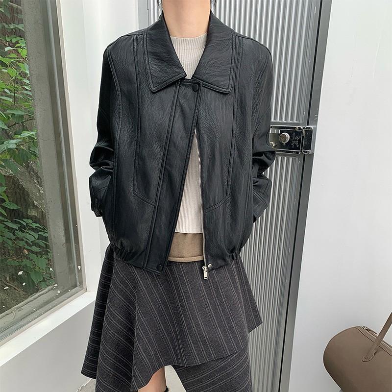 Womens PU Leather Jacket Short Loose Fit Casual Turn-Down Collar Windbreaker Lightweight Outerwear