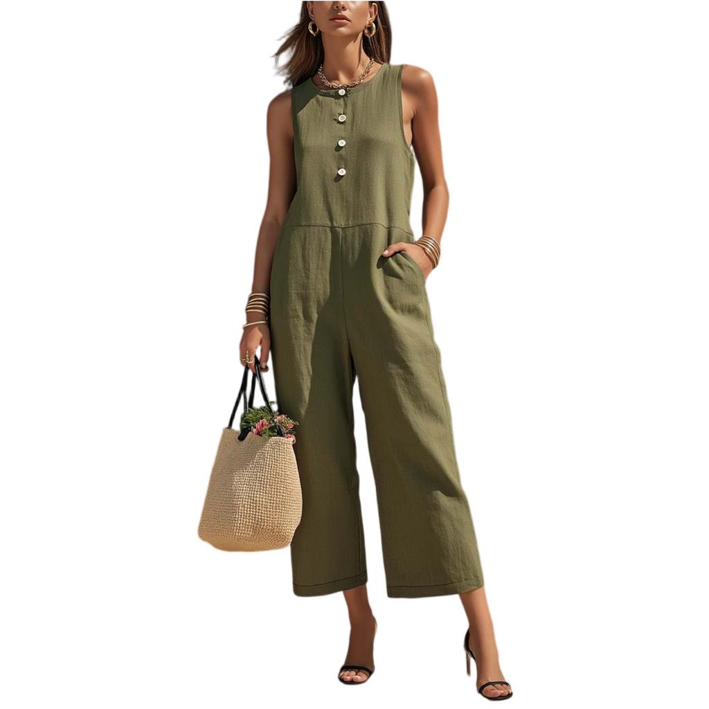 Modischer Damen-Jumpsuit mit Rundhalsausschnitt, Knöpfen, ärmellos, Tasche, lässig, Retro, weites Bein, Sieben-Viertel-Länge