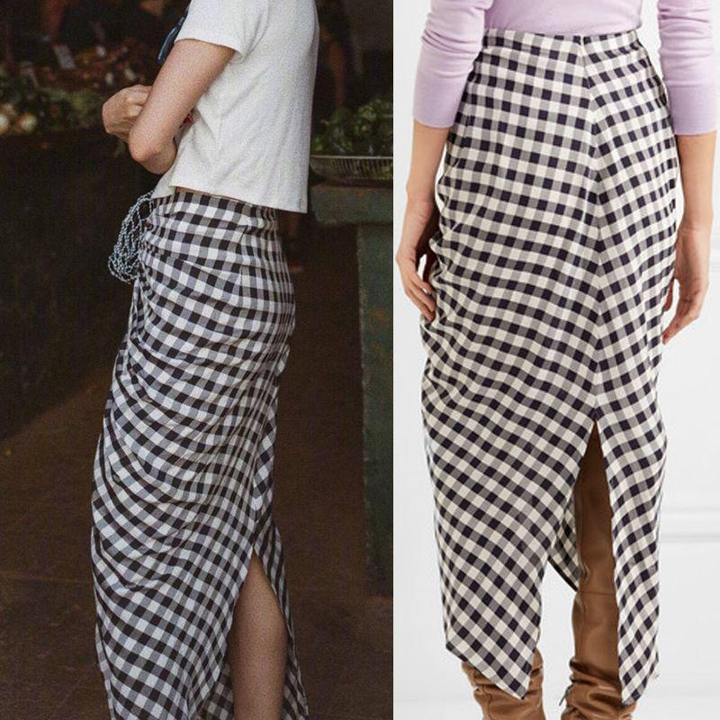 Spring and Summer New European and American Fashion Blogger Street Shot Same Style Gingham Drawstring Ruffle Split Skirt Bodycon Dress