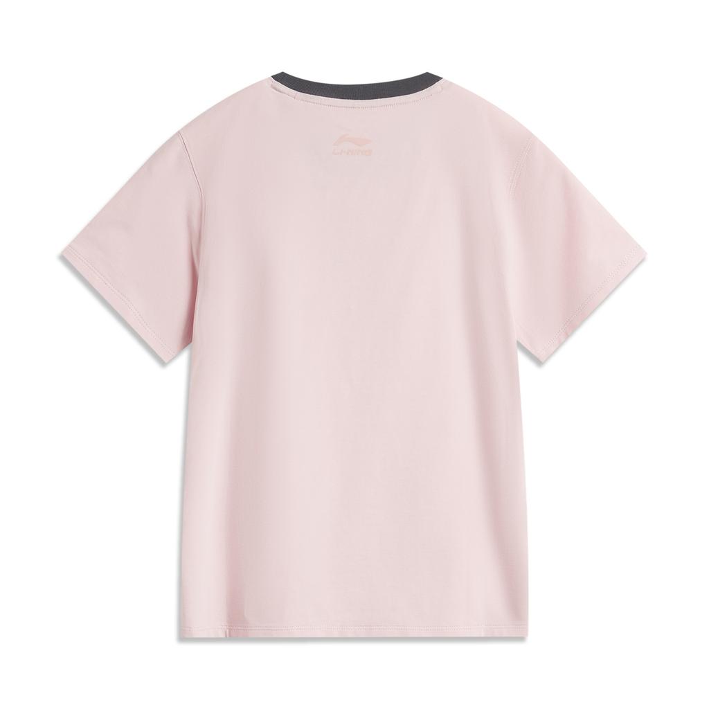Li-Ning Color Block Letter Round Neck Comfortable Breathable Versatile Short Sleeve T-Shirt Women Tops Light-Pink AHSV294-3