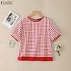 ZANZEA Women Grid Print Casual Round Neck Loose Short Sleeve Blouse